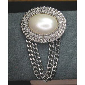 Vintage Oval Faux Pearl Brooch/ Silver-Tone Chains & Intricate Detailing